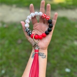 Red and Black Beaded Keychain Bracelet with Tassel